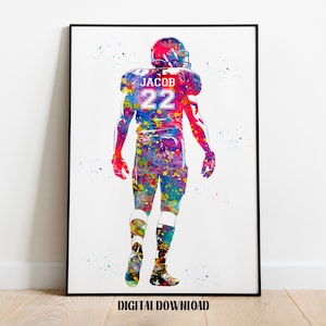 American Football Player Personalized Art Custom Name and Number Watercolor Sport Digital Printable Download
