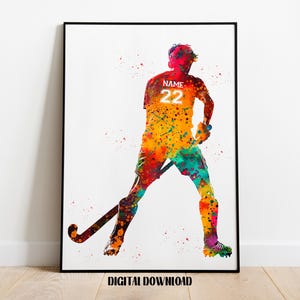 Field Hockey Player Personalized Art Custom Name and Number Sport Watercolor Digital Printable Download