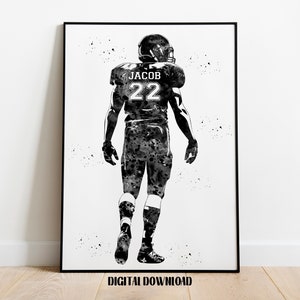American Football Player Personalized Art Custom Name and Number Watercolor Sport Digital Printable Download