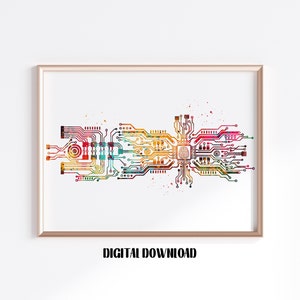 Circuit board with brain watercolor computer science electronic motherboard Poster Watercolor Digital Printable Download