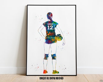 Handball Player Girl Personalized Art Custom Name and Number Sport Watercolor Digital Printable Download