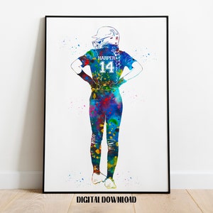Softball Player Girl Personalized Art Custom Name and Number Sport Watercolor Digital Printable Download