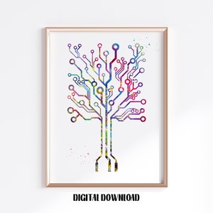 Circuit board tree computer art electronic poster Medical Science Watercolor Digital Printable Download