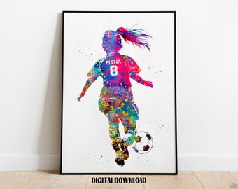 Soccer Player Little Girl with Ball Personalized Art Custom Name and Number Sport Watercolor Digital Printable Download