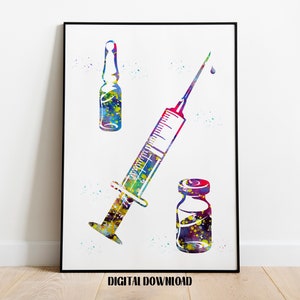 Watercolor Syringe & Medicine Vials Art: Doctor, Pharmacy, Biology Poster (Digital Download)