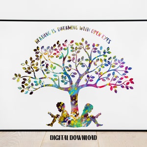 Reading is dreaming with open eyes Leser Kinder Jungen und Mädchen Buchliebhaber Poster Aquarell Digital bedruckbarer Download