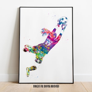 Voetballer meisje keeper bal vangen gepersonaliseerde kunst aangepaste naam en nummer sport aquarel digitale afdrukbare download
