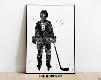 Hockey Player Little Boy Personalized Art Custom Name and Number Sport Watercolor Digital Printable Download