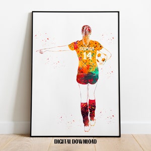 Soccer Player Girl with Ball Personalized Art Custom Name and Number Sport Watercolor Digital Printable Download