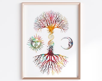 DNA Tree moon and sun Aquarelle Art Digital Printable Télécharger
