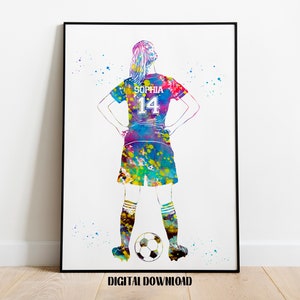 Soccer Player Girl with Ball Personalized Art Custom Name and Number Sport Watercolor Digital Printable Download