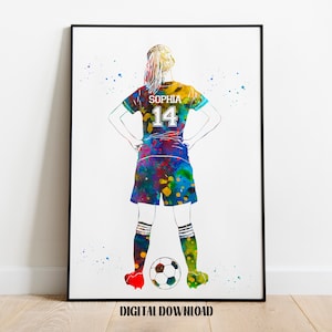 Soccer Player Girl with Ball Personalized Art Custom Name and Number Sport Watercolor Digital Printable Download
