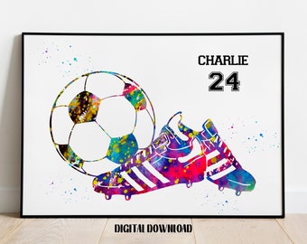 Soccer Ball and Shoes Personalized Art Custom Name and Number Sport Watercolor Digital Printable Download