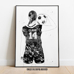 Soccer Player Girl Personalized Art European Football Custom Name and Number Sport Watercolor Digital Printable Download