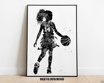 Basketball Player Little Girl Personalized Art Custom Name and Number Sport Watercolor Digital Printable Download