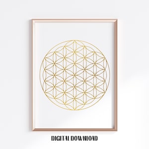 Póster de Buda de geometría sagrada de la flor de la vida, arte dorado, descarga digital imprimible