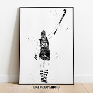 Jugador de hockey sobre césped Chica Arte personalizado Nombre y número Deporte Acuarela Descarga digital imprimible