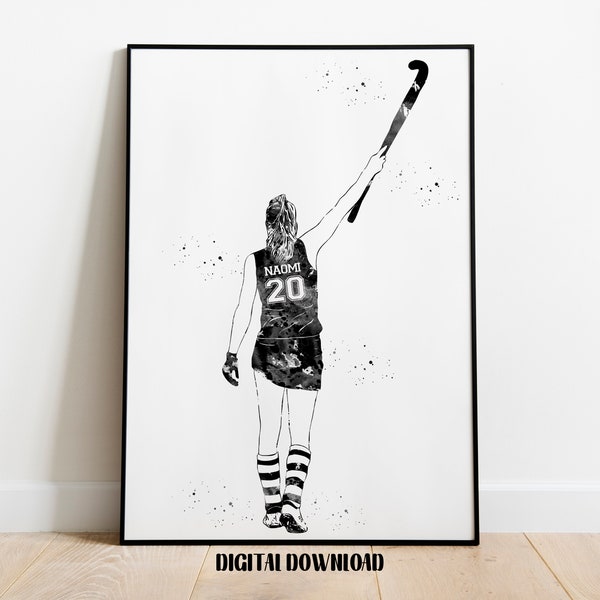 Feldhockey Spieler Mädchen personalisierte Kunst benutzerdefinierte Name und Nummer Sport Aquarell digital bedruckbarer Download