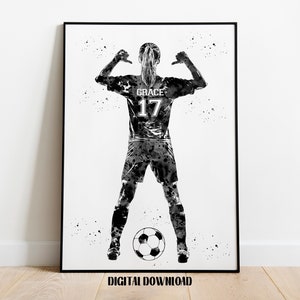 Soccer Player Girl with Ball Personalized Art Custom Name and Number Sport Watercolor Digital Printable Download