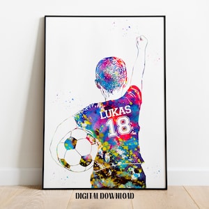 Soccer Player Little Boy with Ball Personalized Art Custom Name and Number Sport Watercolor Digital Printable Download