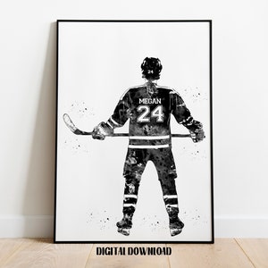 Hockey Player Girl Personalized Art Custom Name and Number Sport Watercolor Digital Printable Download