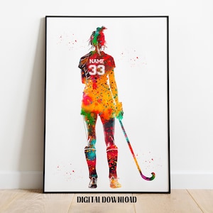 Hockeyspeler meisje gepersonaliseerde kunst aangepaste naam en nummer sport aquarel digitale afdrukbare download