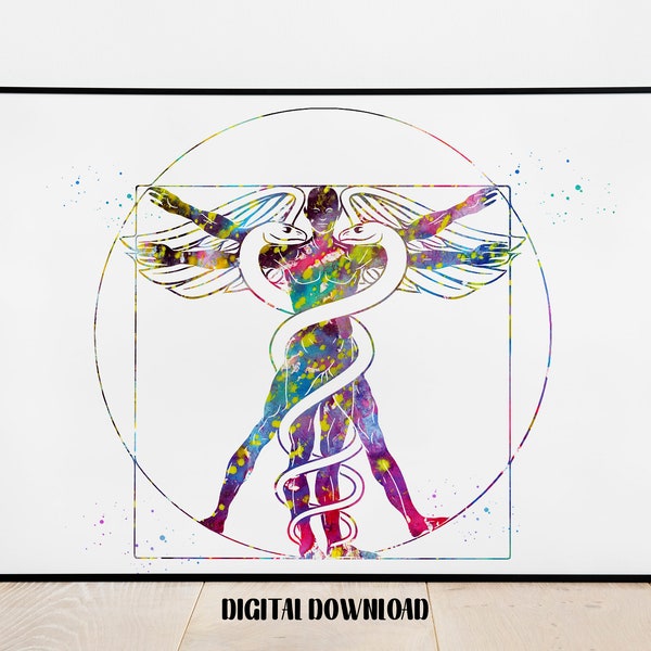 Caduceus medical sign vitruvian man figure like Leonard Da Vinci Poster Medical Science Watercolor Digital Printable Download