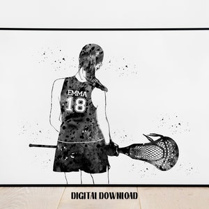 Girl Lacrosse Player Personalized Art Custom Name and Number Sport Watercolor Digital Printable Download