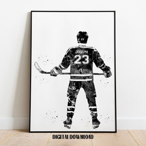 Hockey Player Personalized Art Custom Name and Number Sport Watercolor Digital Printable Download