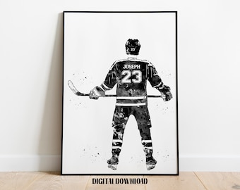 Hockey Player Personalized Art Custom Name and Number Sport Watercolor Digital Printable Download