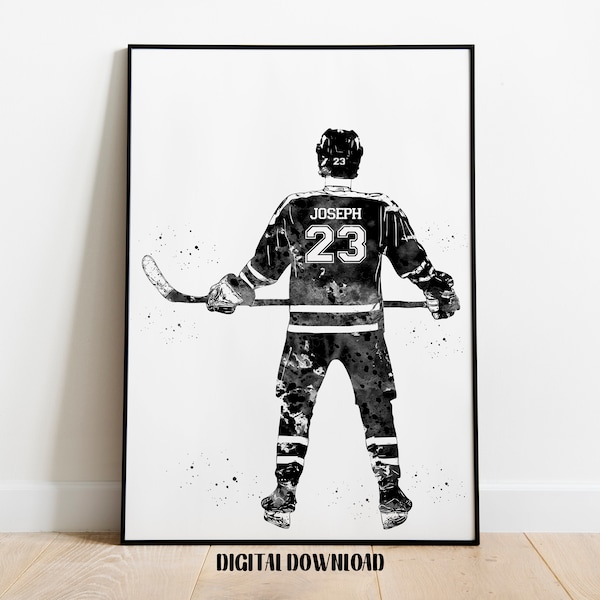 Hockey Player Personalized Art Custom Name and Number Sport Watercolor Digital Printable Download