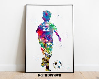 Soccer Player Little Boy with Ball Personalized Art Custom Name and Number Sport Watercolor Digital Printable Download