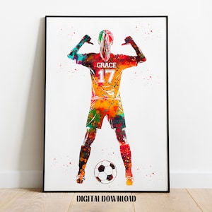 Soccer Player Girl with Ball Personalized Art Custom Name and Number Sport Watercolor Digital Printable Download