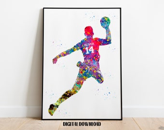 Handball Player Personalized Art Custom Name and Number Sport Watercolor Digital Printable Download