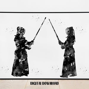 Two Kendoka Practicing Kendo Japanese Martial Arts Poster Watercolor Art Digital Printable Download