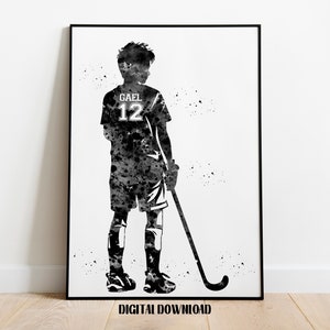 Feldhockey Spieler Junge personalisierte Kunst benutzerdefinierte Name und Nummer Sport Aquarell Digital bedruckbarer Download