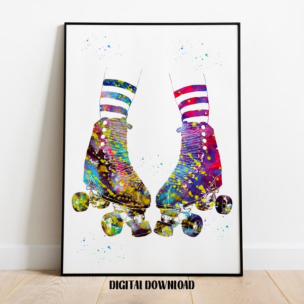 Retro Roller Skates Sport Poster Watercolor Art Digital Printable Download
