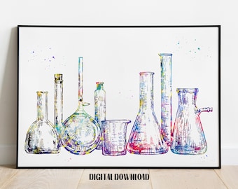 Laboratory Test Tubes Bulbs Flask Chemistry Lab Equipment Poster Medical Science Watercolor Art Digital Printable Download
