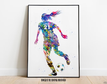 Soccer Player Girl with Ball Personalized Art Custom Name and Number Sport Watercolor Digital Printable Download