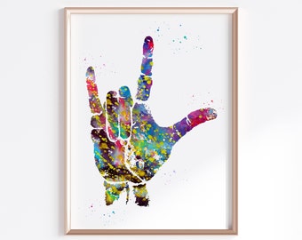 I Love You ASL Hand Print Sign Language I Love You Art Nature Poster Watercolor Digital Printable Download