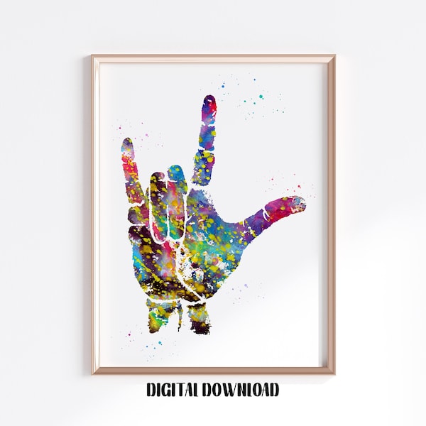 I Love You ASL Hand Print Sign Language I Love You Art Nature Poster Watercolor Digital Printable Download
