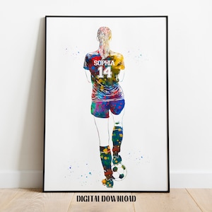 Personalized Soccer Girl Watercolor Art Print: Custom Name & Number (Digital Download)