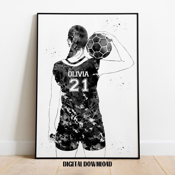 Handball Player Girl Personalized Art Custom Name and Number Sport Watercolor Digital Printable Download