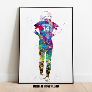 Softball Player Girl Personalized Art Custom Name and Number Sport Watercolor Digital Printable Download
