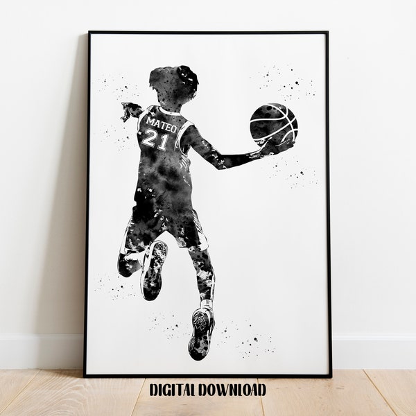 Garçon de joueur de basket-ball avec ballon Art personnalisé nom et numéro Sport aquarelle téléchargement imprimable numérique