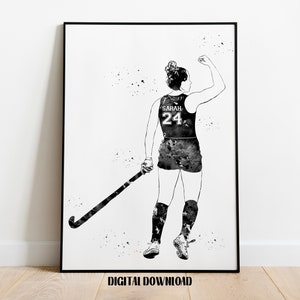 Field Hockey Player Girl Personalized Art Custom Name and Number Sport Watercolor Digital Printable Download
