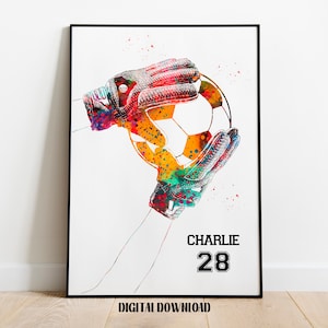 Fußball Torhüter fangen Ball personalisierte Kunst Torwart Benutzerdefinierte Name Sport Aquarell Digital Printable Download