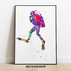 Scuba diving sport art Nature Poster Watercolor Digital Printable Download
