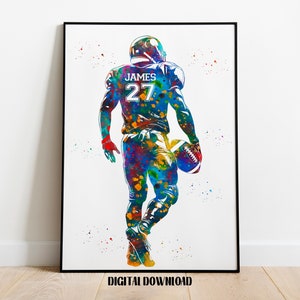 American Football Player Personalized Art Custom Name and Number Watercolor Sport Digital Printable Download