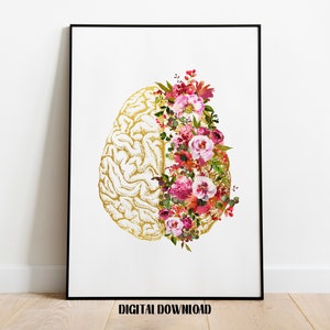 Human Brain Anatomy Science Art Anatomical floral flowers medical Golden Art Digital Printable Download